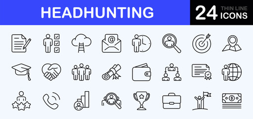 Headhunting web icons set. Head hunting - simple thin line icons collection. Containing job interview, hiring process, candidat, team, Career Path, Resume and more. Simple web icons set