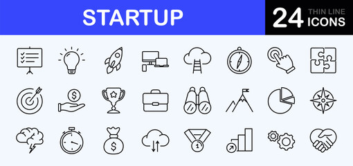 Startup web icons set. Startup - simple thin line icons collection. Containing strategy, business innovation report, development plan, startup space rocket and more. Simple web icons set