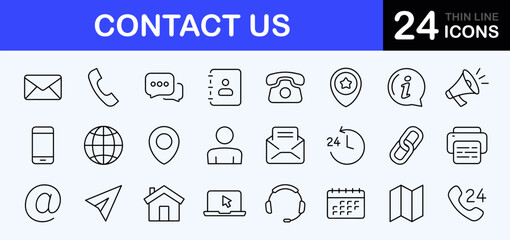 Contact us web icons set. Contact us - simple thin line icons collection. Containing mail, web site, chat, phone, email address, customer service, call symbol and more. Simple web icons set