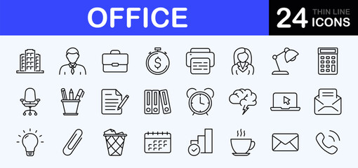 Office web icons set. Work place - simple thin line icons collection. Containing office building, workplace, business communication, business, company, work, and more. Simple web icons set