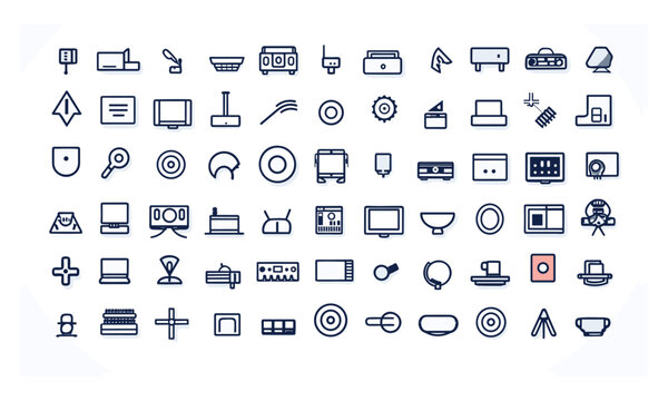 Content line symbols set. Set of video and audio line icons. Collection of media outlines icons. Music, camera, amplifier, webcam, headphones, film, TV