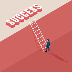 Businessman standing and looking at ladder up to success