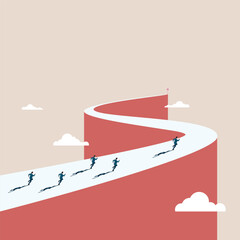 Businessman team running on away winding path