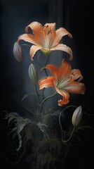 Fototapeta na wymiar Gloomy Dark Fantasy Orange Lilies