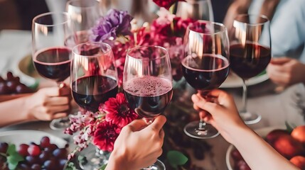 close up red wine and cheers at Family dinner for a celebration