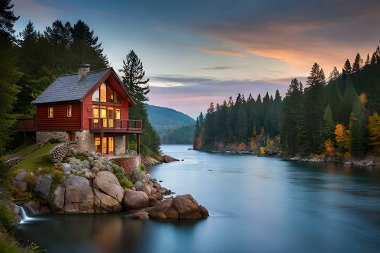 breathtaking image of a small red house perched atop a rugged cliff overlooking a serene river. 