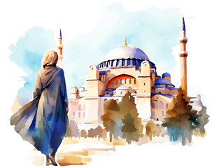 hijab woman walking to Hagia Sophia, Hagia sophia mosque concet vector illustration