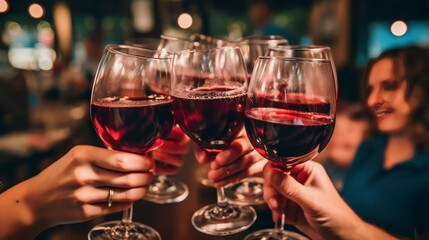 close up red wine and cheers at Family dinner for a celebration