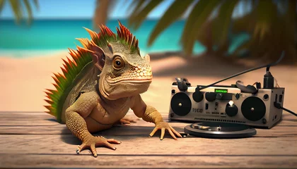 Peel and stick wall murals Music store funny Iguana dj near turntable on music beach outdoor party. Cute lizard disc jockey wearing earphones Ai generated image