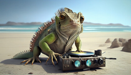 funny Iguana dj near turntable on music beach outdoor party. Cute lizard disc jockey wearing...