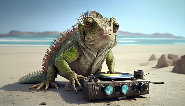 funny Iguana dj near turntable on music beach outdoor party. Cute lizard disc jockey wearing earphones Ai generated image
