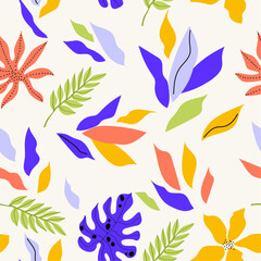 Fototapeta na wymiar Hand drawn botanical multicolored collage. Abstract floral background. Random leaves and flowers. Colorful print. Artistic seamless pattern.