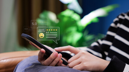 Customer satisfaction feedback survey concept. Woman comment and give excellent rating to service...