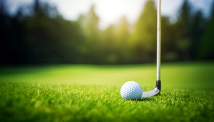 Fototapeta na wymiar Close-up golf ball on tee with fairway golf course background. copy space golf club on grass field