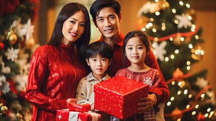 portrait asian happy family with christmas outfit holding red gift box with a christmas tree background