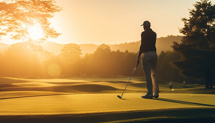 Golfer hit sweeping driver after hitting golf ball down the fairway. active with sunrise landscape and copy space