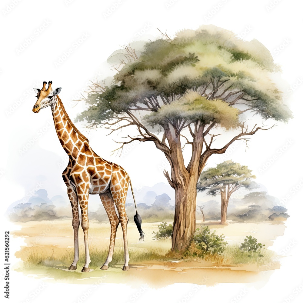 Aufkleber a giraffe standing next to a tree in a field. generative ai.