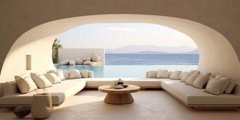 AI Generated. AI Generative. Greek island luxury hotel interior architecture design vaction relax time. Adventure chill calm vibe. Graphic Art