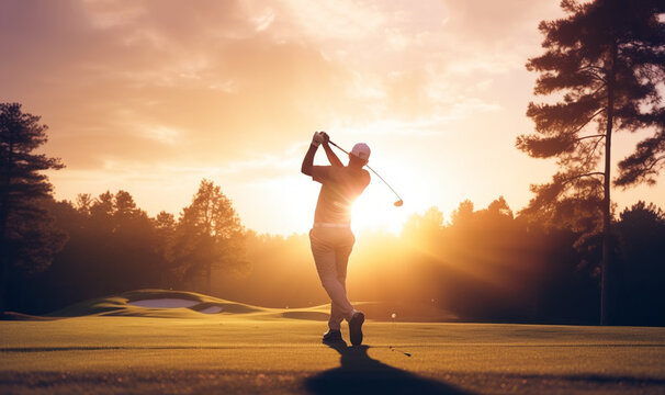 Golfer hit sweeping driver after hitting golf ball down the fairway. active with sunrise landscape and copy space - Powered by Adobe