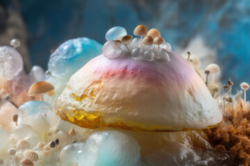 Radioactive fungus, delicate molten matt transparent translucent soap bubbles. AI generated
