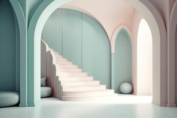 Pastel colored arches and stairs in trendy minimal interior. AI generated