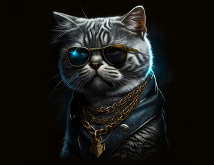 A cool cat in a jacket and a gold chain. Super realistic cat. Printing on a T-shirt, jacket, sweatshirt. Prints for clothes. Wallpaper, screensaver. Banner. AI