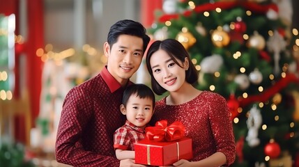 Fototapeta na wymiar portrait asian happy family with christmas outfit holding red gift box with a christmas tree background