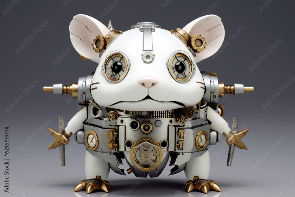 Poster a white and gold robot mouse sitting on top of a table. generative ai. mechanical creature.
