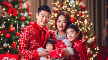 Obraz na płótnie Canvas portrait asian happy family with christmas outfit holding red gift box with a christmas tree background