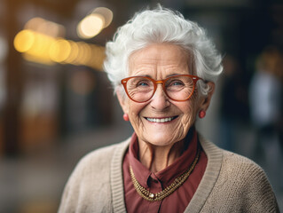 Happy elderly lady with gray hair, wearing glasses with a cheerful smile, National Grandparents Day, International Day of Older Persons