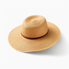 Fototapeta na wymiar Beautiful womens summer yellow straw hat with the ribbon, isolated on white background, AI Generation