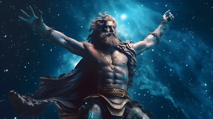 the primordial darkness embodying a greek god, erebus wearing ancient greek clothing, galaxy with solar system as background