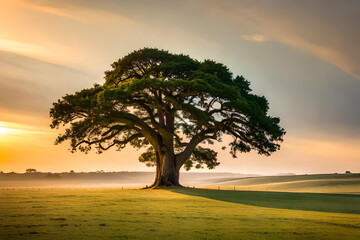 Youth Oak tree landscape view. Symbol of Strength - obrazy, fototapety, plakaty
