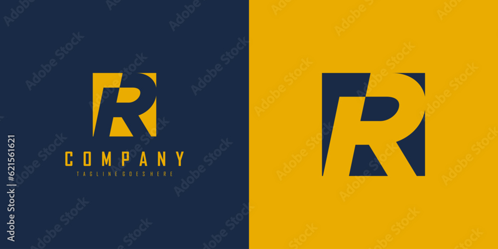 Poster initial letter r logo. yellow and blue square shape with negative space r letter inside isolated on 