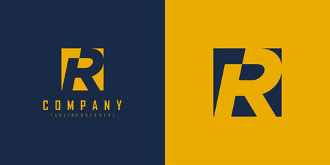 Initial Letter R Logo. Yellow and Blue Square Shape with Negative Space R Letter inside isolated on Double Background. Flat Vector Logo Design Template Element for Business and Branding Logos.