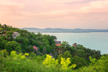 Scenic view of Balaton lake from castle hill near the Benedictine Abbey of Tihany at sunset, summer...