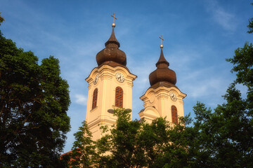 Tihany Abbey, domes of the Benedictine monastery, famous architectural landmark over the Balaton...