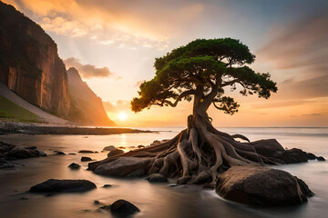 Solitary tree on the beach of a serene, isolated island in the middle of a vast body of water - Powered by Adobe