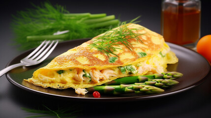 Generative AI image of Crab Meat and Asparagus Omelette: A delectable omelette filled with succulent crab meat and crisp asparagus, showcasing a delightful combination of flavors and textures