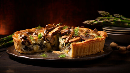 Generative AI image of Chicken, Morel Mushroom, and Asparagus One-Pan Pie: A medley of tender chicken, flavorful morel mushrooms, and crisp asparagus, all nestled within a golden, single-pan crust.