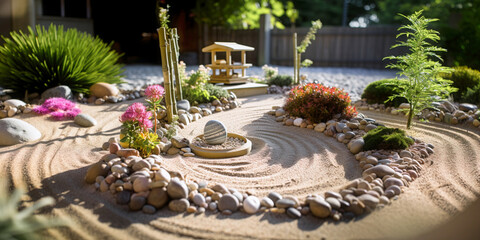 A serene and calm zen garden landscape outdoors with arranged rocks and lines in the sand, green plants, bushes, bamboo sticks and flowers growing in the back yard - Generative AI - obrazy, fototapety, plakaty