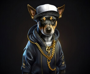 Cool dog in a jacket, cap and gold chain. Super realistic dog. Printing on a T-shirt, jacket, sweatshirt. Prints for clothes. Wallpaper, screensaver. Banner. AI