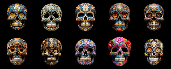 Set of Calavera sugar skull masks on black background