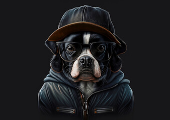 Cool dog in a jacket, cap and gold chain. Super realistic dog. Printing on a T-shirt, jacket, sweatshirt. Prints for clothes. Wallpaper, screensaver. Banner. AI