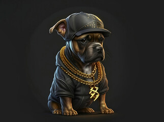 Cool dog in a jacket, cap and gold chain. Super realistic dog. Printing on a T-shirt, jacket, sweatshirt. Prints for clothes. Wallpaper, screensaver. Banner. AI