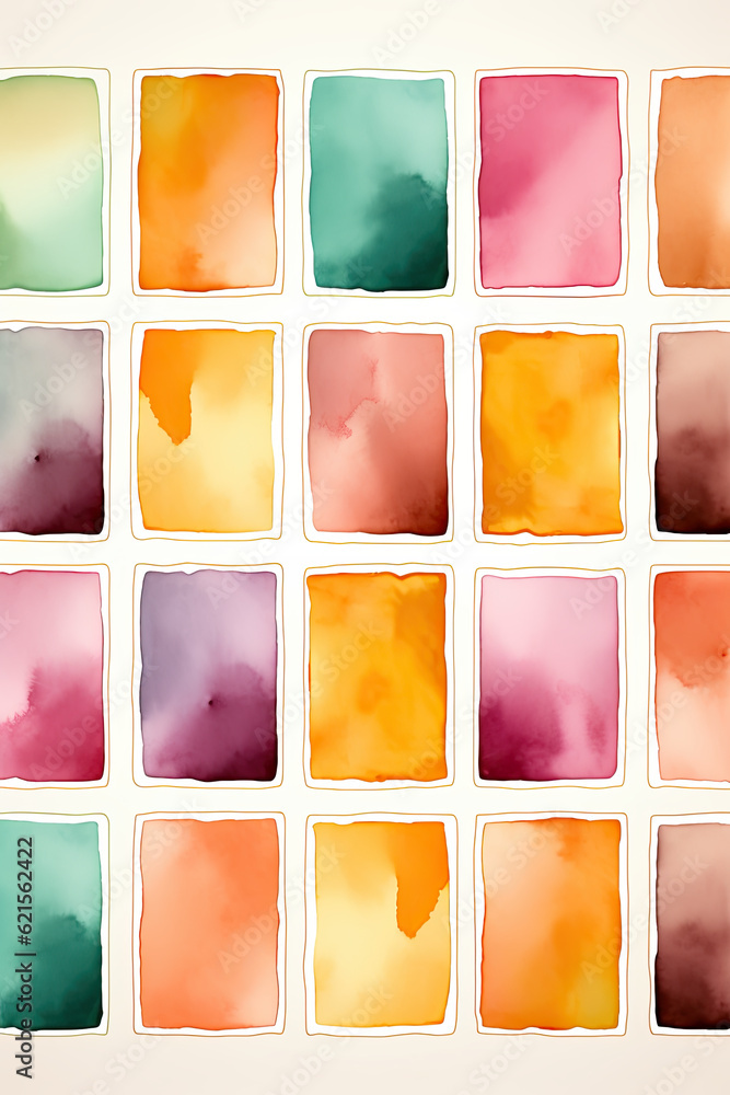 Poster a set of watercolor squares with different colors. generative ai.