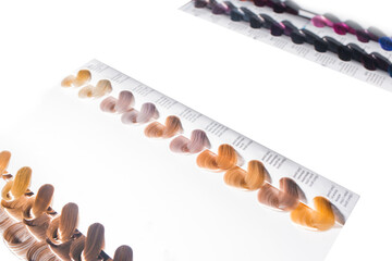 Miscellaneous various samples color palette dye coloring hair shade tint set design on white...