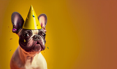 Dog birthday. Happy french bulldog in a party hat. Pet shop advertisement, banner with place for text. AI
