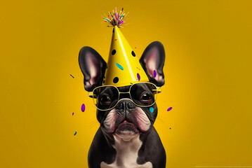 Dog birthday. Happy french bulldog in a party hat. Pet shop advertisement, banner with place for text. AI