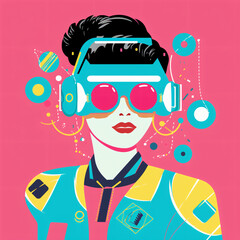 Fototapeta na wymiar girl with headphones Vaporwave woman with sunglasses with headphones 90s 80s neon blue retro 